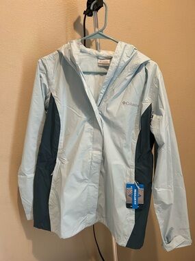 Columbia Light Blue and Dark Navy Hooded Rain Jacket